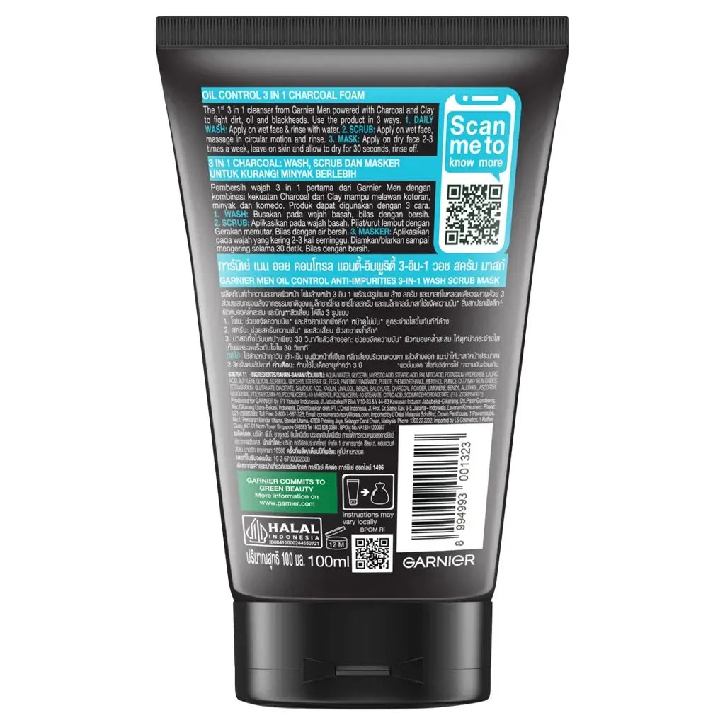 Garnier Men Oil Control Charcoal 3 In 1 Wash Scrub Mask Back Label 100ml