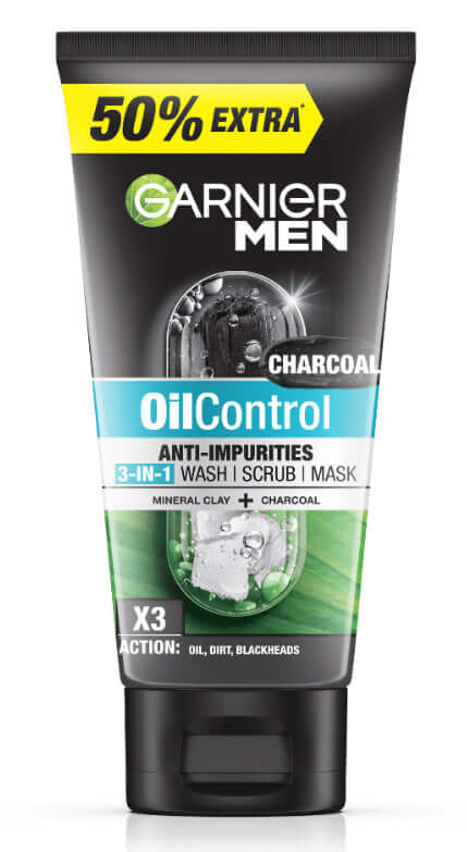 Garnier Men Oil Control Charcoal 3 In 1 Wash Scrub Mask Front Packaging Close Up 150ml