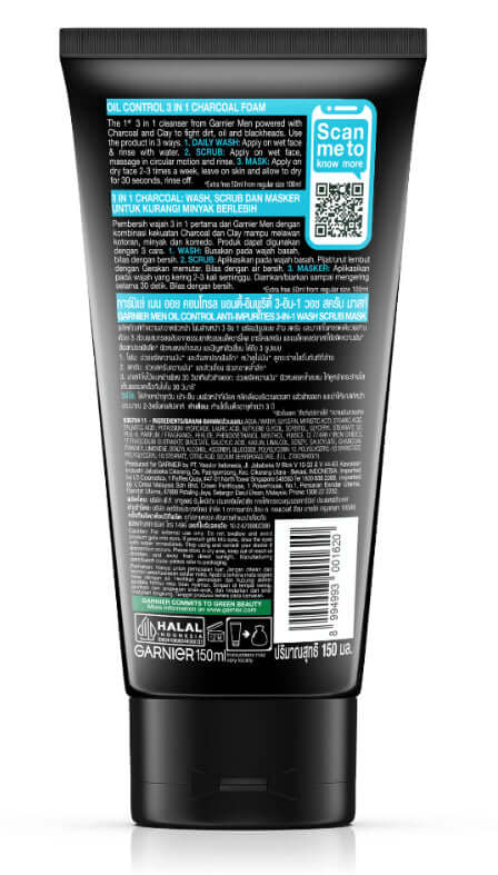 Garnier Men Oil Control Charcoal 3 In 1 Wash Scrub Mask Rear Packaging Information 150ml