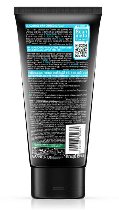 Garnier Men Oil Control Charcoal 3 In 1 Wash Scrub Mask Rear Packaging Information 150ml