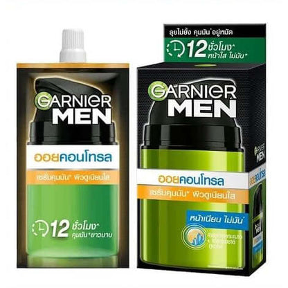 Garnier Men Oil Control Serum 7ml sachet and packaging box display