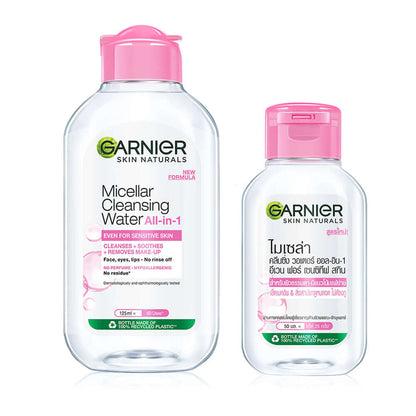 Garnier Micellar Water bottles in 125ml and 50ml sizes for sensitive skin