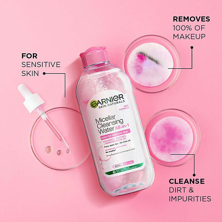 Garnier Micellar Water Cleansing Face All-in-1 for Sensitive Skin removes 100% of makeup and cleanses dirt and impurities.