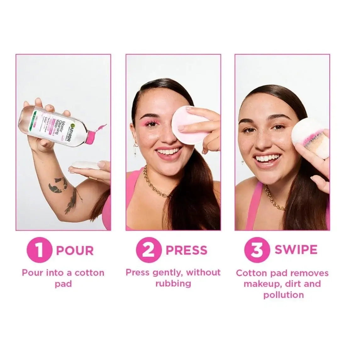Step-by-step guide on using Garnier Micellar Water to cleanse makeup and impurities from skin.