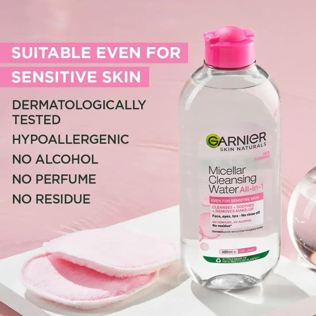 Garnier Micellar Water bottle displayed with cotton pad and feature highlights