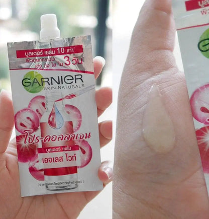 Garnier Pro Collagen Serum sachet and clear serum texture on hand