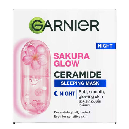 Garnier Sakura Glow Sleeping Mask Ceramide Night Cream packaging featuring floral design and moisturizing information.