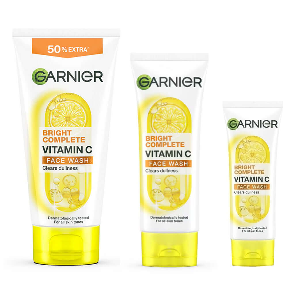 Garnier Vitamin C Face Wash tubes in three different sizes