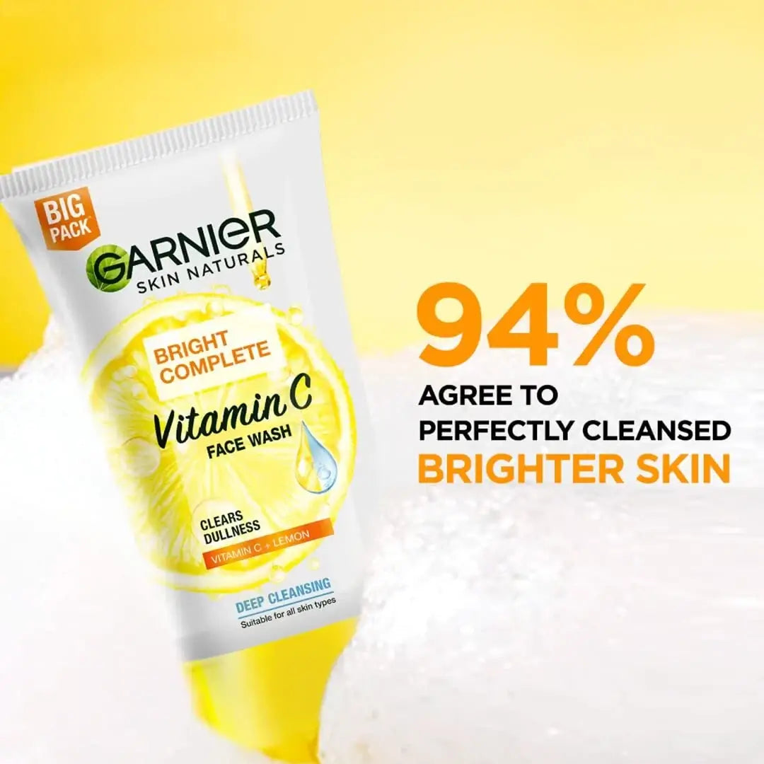 Garnier Vitamin C Face Wash promotional banner with statistics