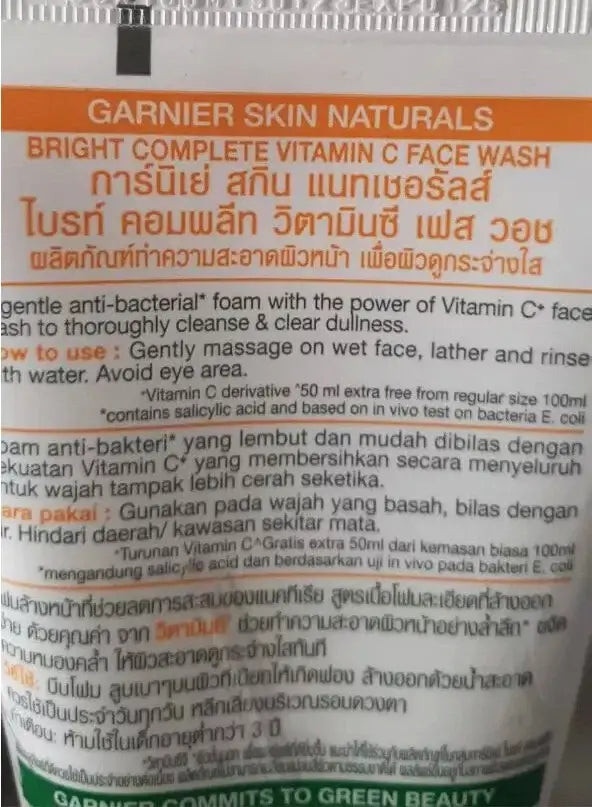 Garnier Vitamin C Face Wash back panel packaging with instructions
