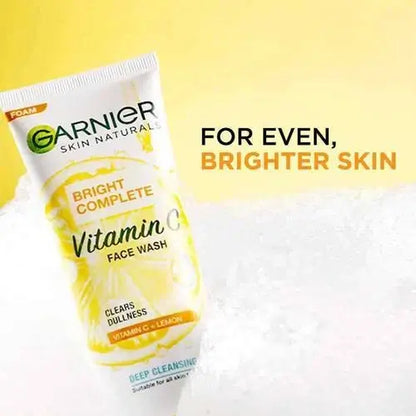 Garnier Vitamin C Face Wash squeeze tube with foam background