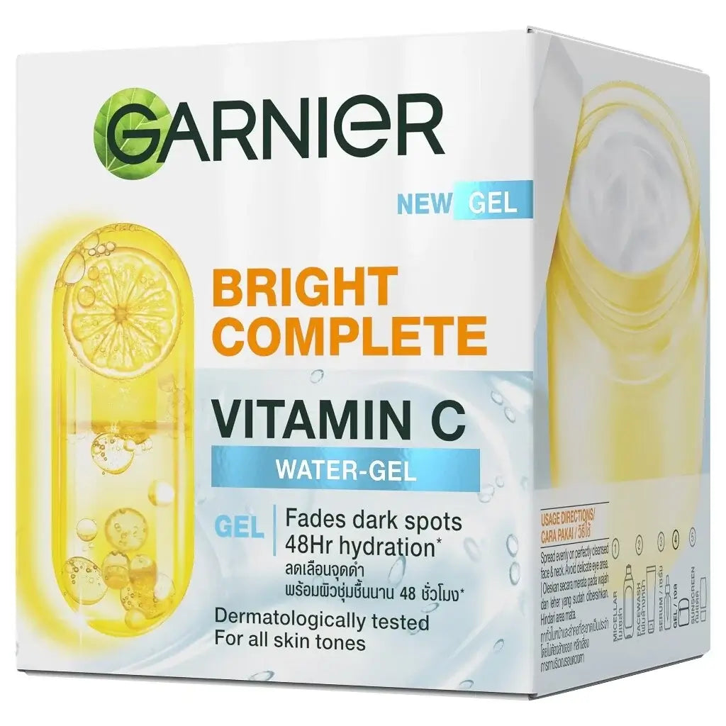 Garnier Vitamin C Water Gel Bright Complete Moisturizer package, promoting hydration and fading dark spots.