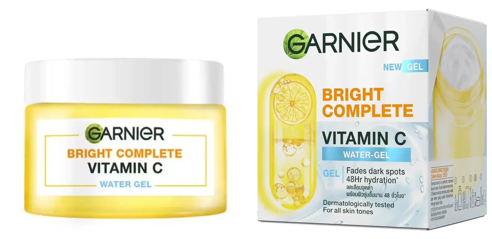 Garnier Vitamin C Water Gel product jar next to its packaging box.