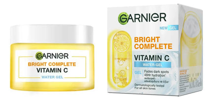 Garnier Vitamin C Water Gel product jar next to its packaging box.