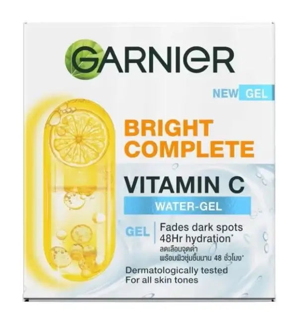 Front view of the Garnier Vitamin C Water Gel box with detailed text.
