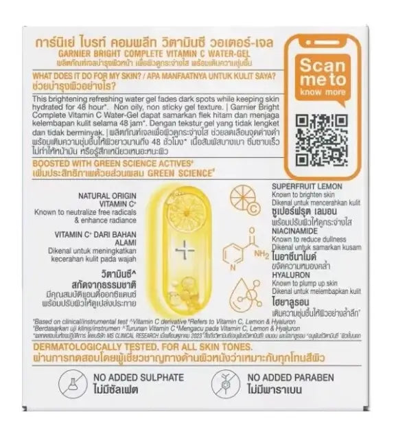 Garnier Vitamin C Water Gel brightening moisturizer packaging with benefits and application details.