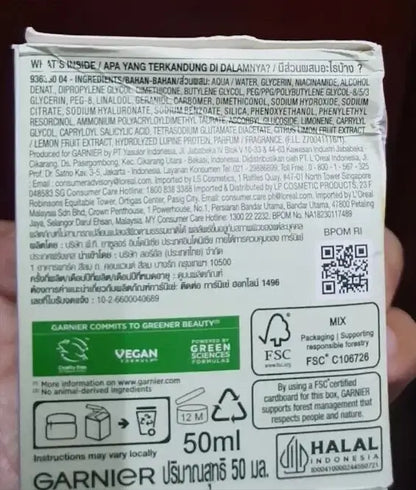 Garnier Vitamin C Water Gel 50ml box ingredients list and packaging information for brightening moisturizer.