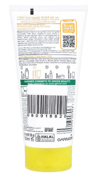 Garnier Vitamin C Face Wash back packaging showing barcode and info