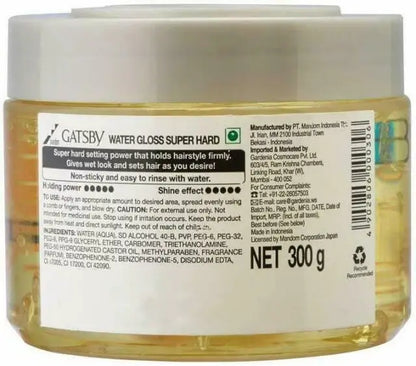 Back view of Gatsby Water Gloss Hair Gel jar packaging showing specifications and net weight