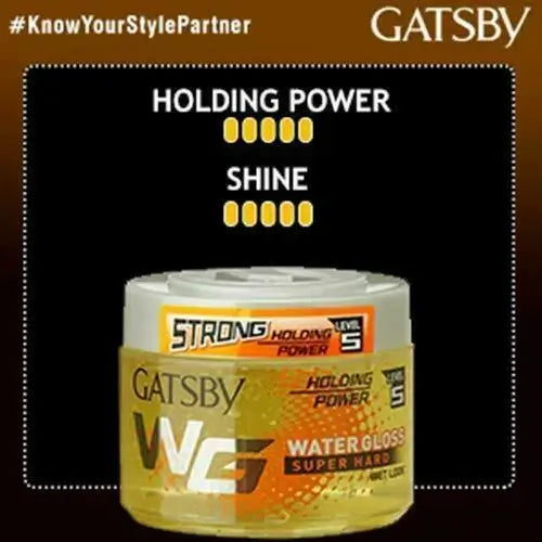 Gatsby Water Gloss Hair Gel showcasing strong holding power level 5 and shine features in a vibrant yellow container.