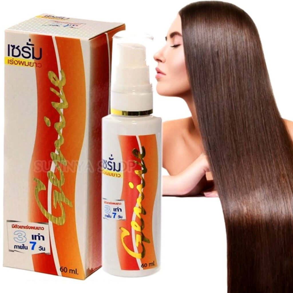 Genive Hair Serum 60ml bottle and box with long healthy hair background