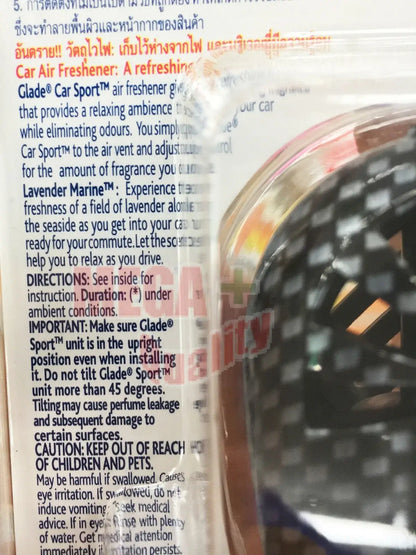 Glade Sport Car Air Freshener Packaging Back with Full Thai Directions Warnings and Product Specifications