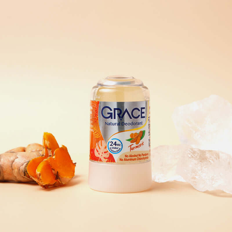 Grace Natural Turmeric Deodorant crystal stick with fresh turmeric root