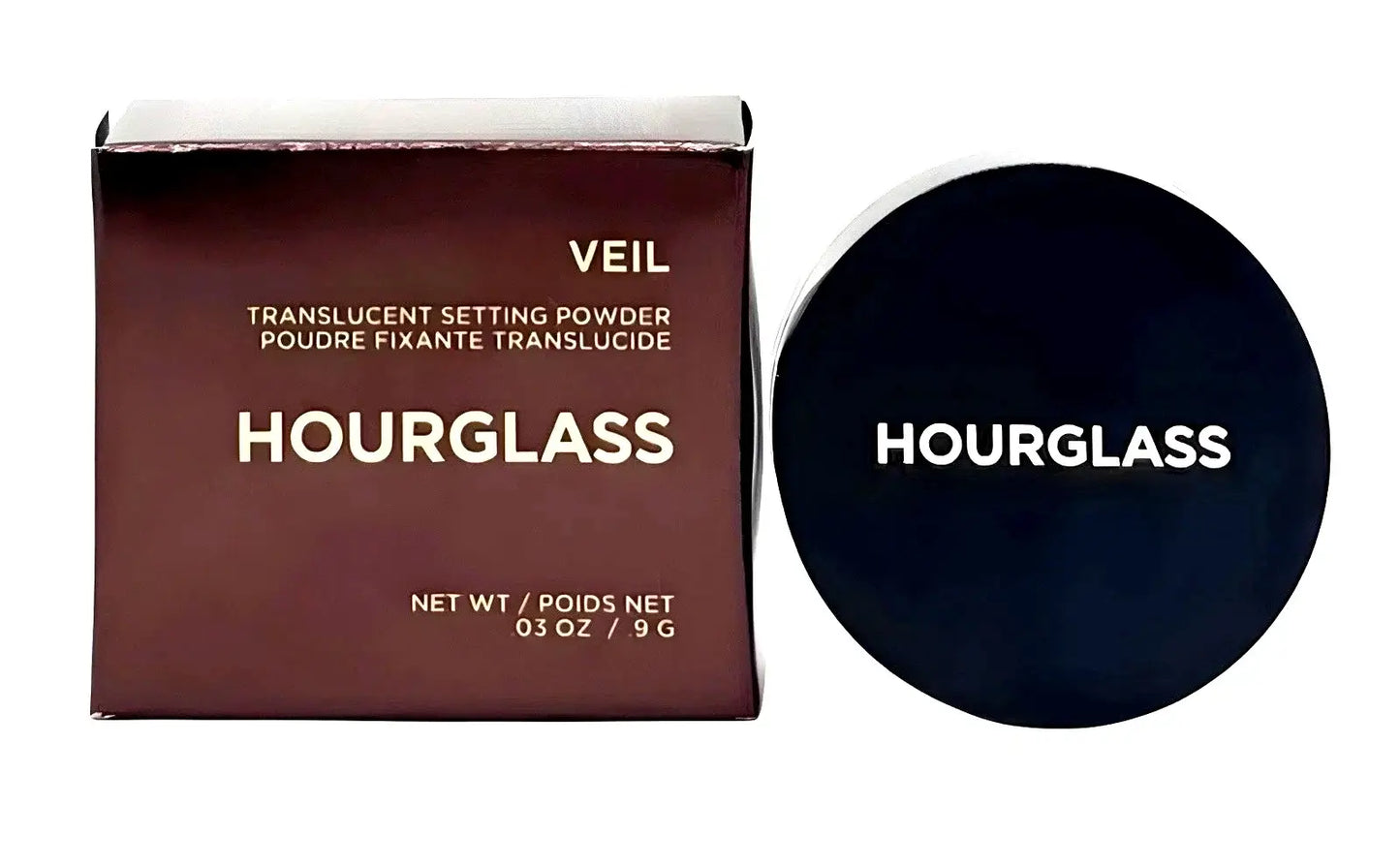 Hourglass Veil Setting Powder packaging box next to closed powder jar lid.