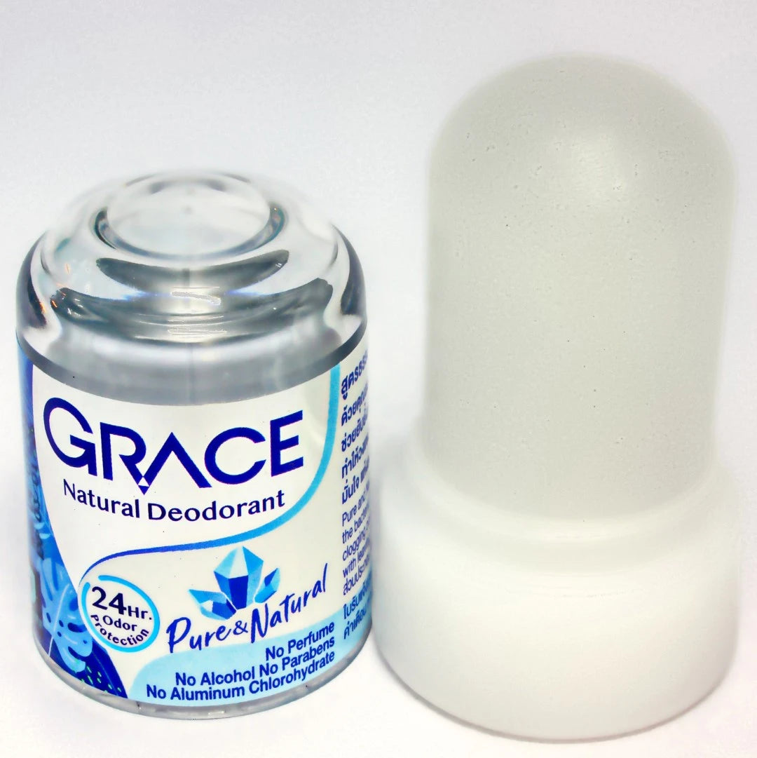 Grace Crystal Deodorant stick with cap removed showing solid alum
