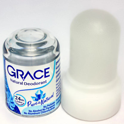 Grace Crystal Deodorant stick with cap removed showing solid alum