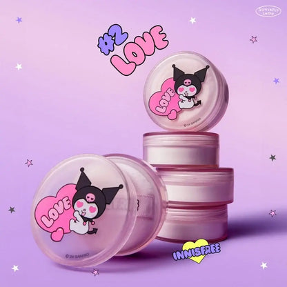 Innisfree Kuromi Powder limited edition packaging featuring cute heart and character design on a pastel background.