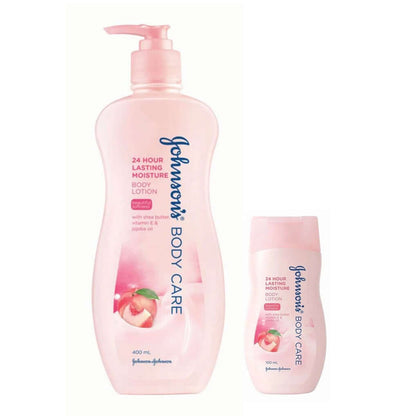 Two bottles of pink Johnsons Body Care Lotion (400 mL and 100 mL) for 24-hour moisture.
