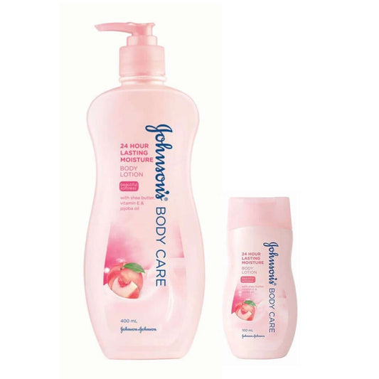 Two bottles of pink Johnsons Body Care Lotion (400 mL and 100 mL) for 24-hour moisture.