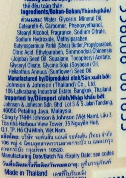 Detailed text on the back of the 100 mL Johnsons Body Care Lotion, listing ingredients like shea butter and vitamin E.