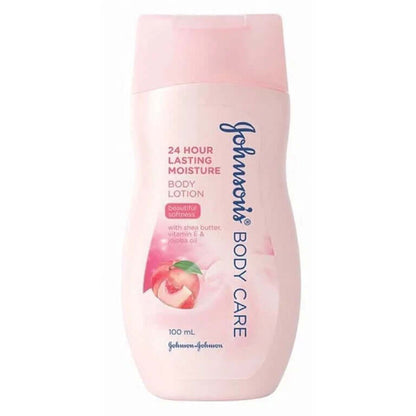 Front view of the 100 mL bottle of Johnsons Body Care Lotion, which provides 24-hour hydration.