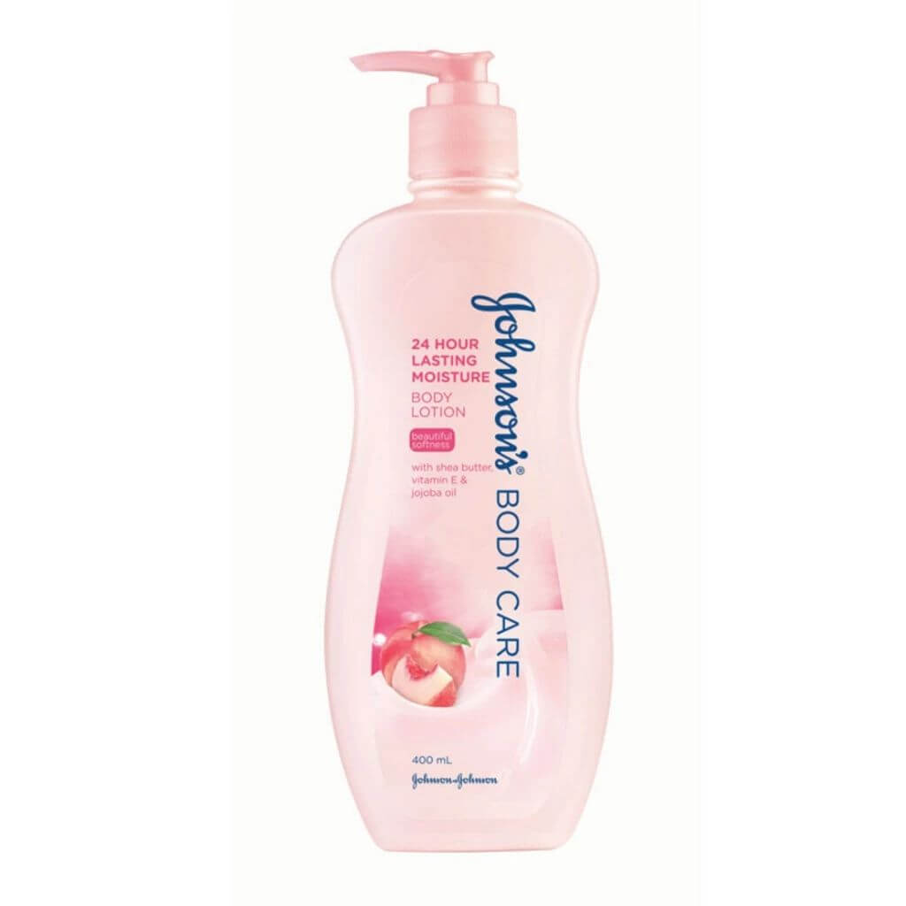 Front view of the 400 mL bottle of Johnsons Body Care Lotion, a pink moisture lotion.