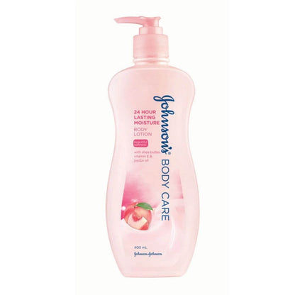 Front view of the 400 mL bottle of Johnsons Body Care Lotion, a pink moisture lotion.