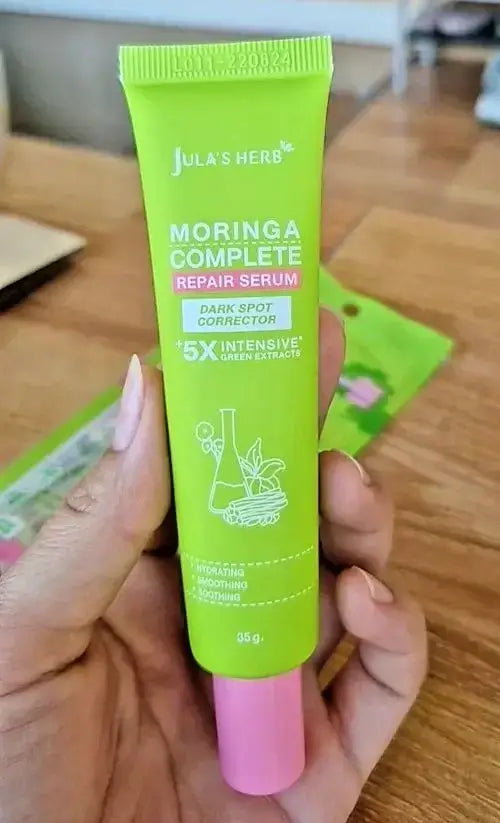 Jula's Herb Moringa Serum Gel Texture and Tube Close Up for Daily Skin Care