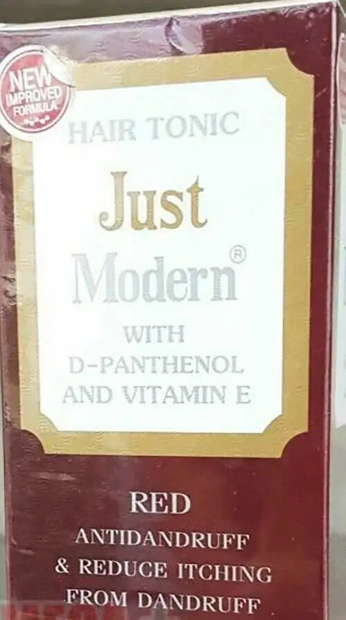 Close-up front view of the Just Modern Red Hair Tonic packaging box label.