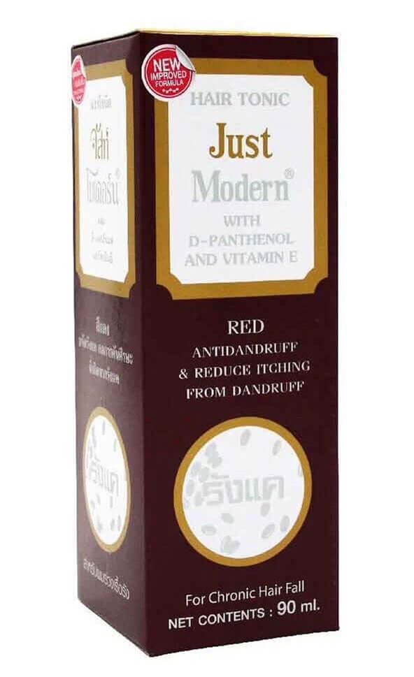 Perspective angle view of the Just Modern Red Hair Tonic packaging box.