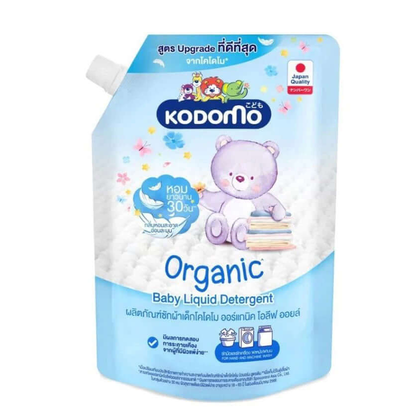 KODOMO Baby Liquid Detergent Olive Oil Laundry Wash Refill Fresh 580ml packaging with adorable bear and organic label.