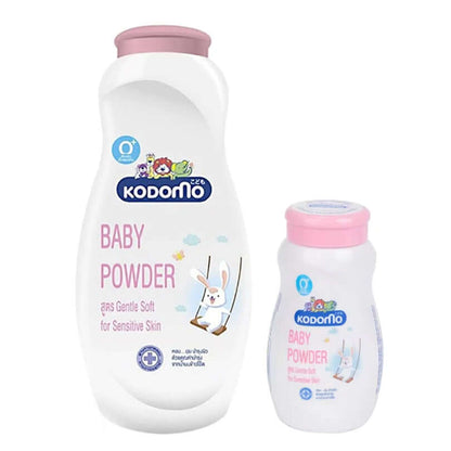 Two bottles of KODOMO Gentle Soft Baby Powder in different sizes showcasing the packaging design.