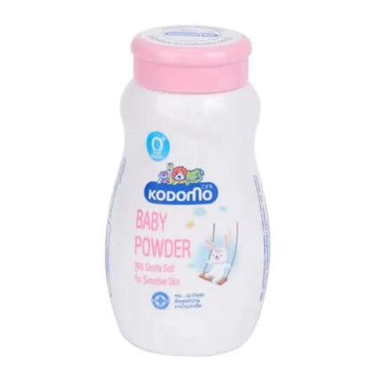 Close-up front view of KODOMO Gentle Soft Baby Powder 50g showing the newborn formulation logo.