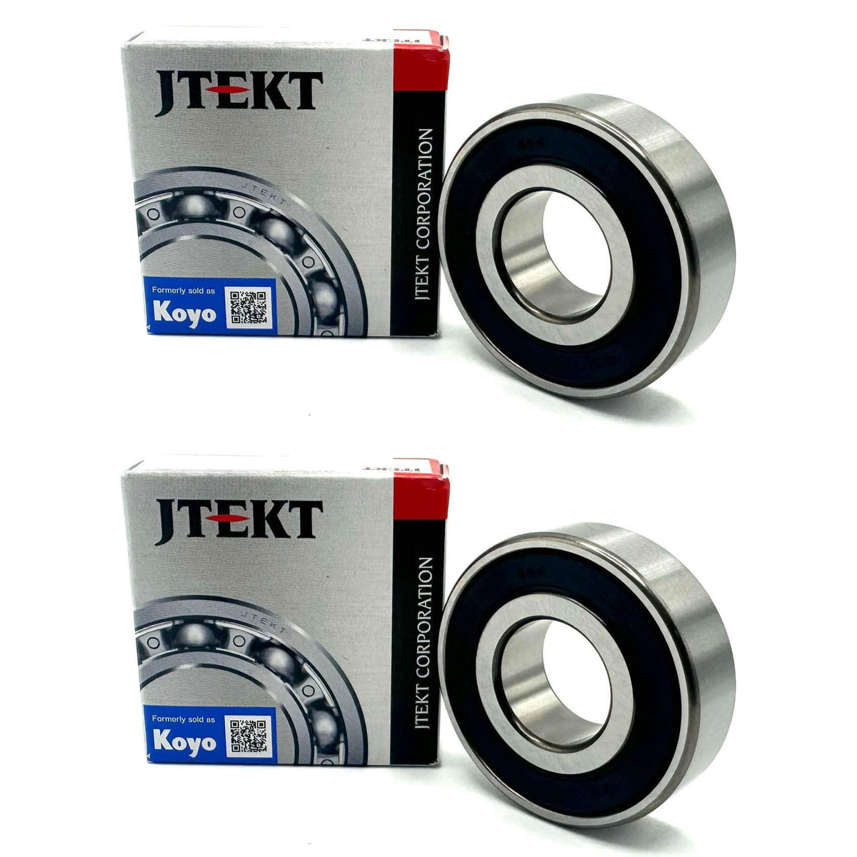 KOYO 6203-2RS Bearing featuring a rubber seal, in front of its packaging from JTEKT Corporation.