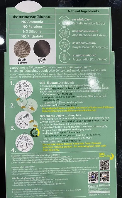 LOLANE Color Shampoo N1 back of box detailing natural extracts, application directions, and hair color results