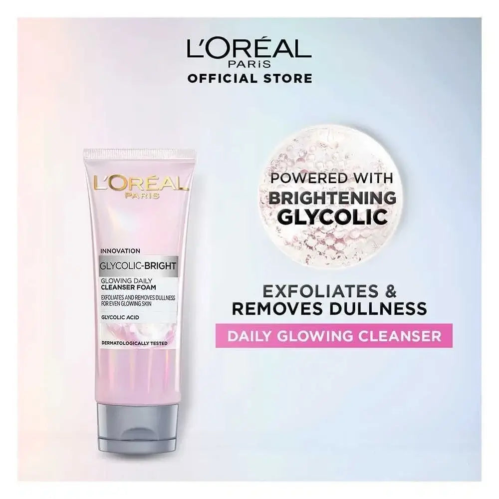 LOreal Glycolic Bright Cleanser tube with brightening glycolic features, exfoiliates and removes dullness, daily use facial foam.