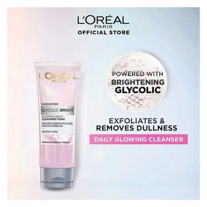 LOreal Glycolic Bright Cleanser tube with brightening glycolic features, exfoiliates and removes dullness, daily use facial foam.