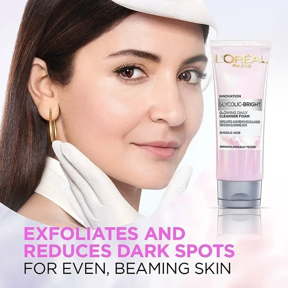 LOreal Glycolic Bright Cleanser with model, promoting exfoliation and dark spot reduction for glowing skin.