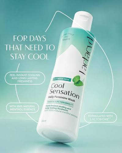 Lactacyd Feminine Wash Cool Sensation daily cleanser bottle on promotional background
