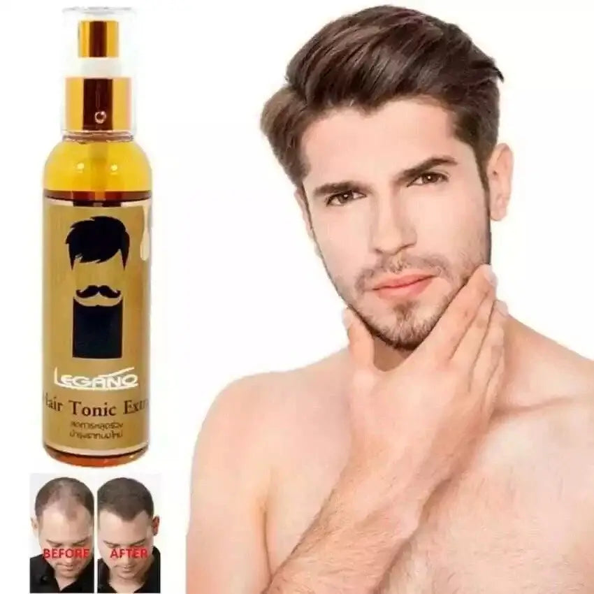 Legano Hair Tonic Extra hair tonic spray with male model holding bottle
